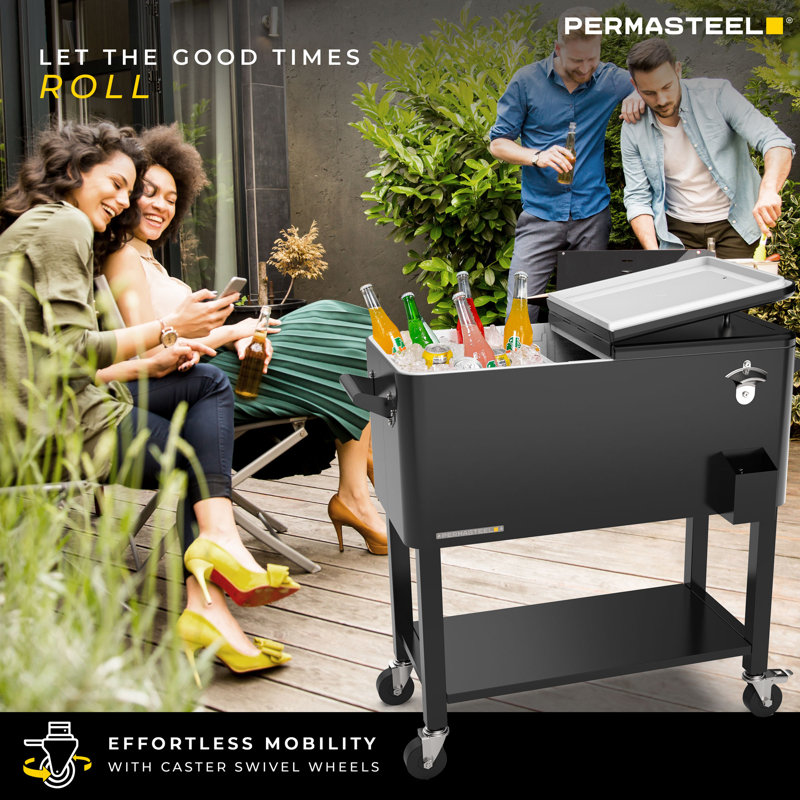 Glacière Permasteel avec séparateur et lavabo amovible, capacité spacieuse de 80 pte, réfrigération de 36 heures, plateau de service, glacière à roulettes pour le divertissement intérieur et extérieur, noir