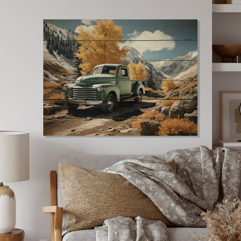 Camionnette verte, paysage, aventuriers sur bois, H 24 po x l 32 po x P 0,78 po