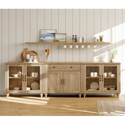 Buffet avec 4 portes en verre et un tiroir, grande crédence en bois de ferme pour la salle à manger, armoire de rangement moderne pour le salon, chêne, 102 pouces