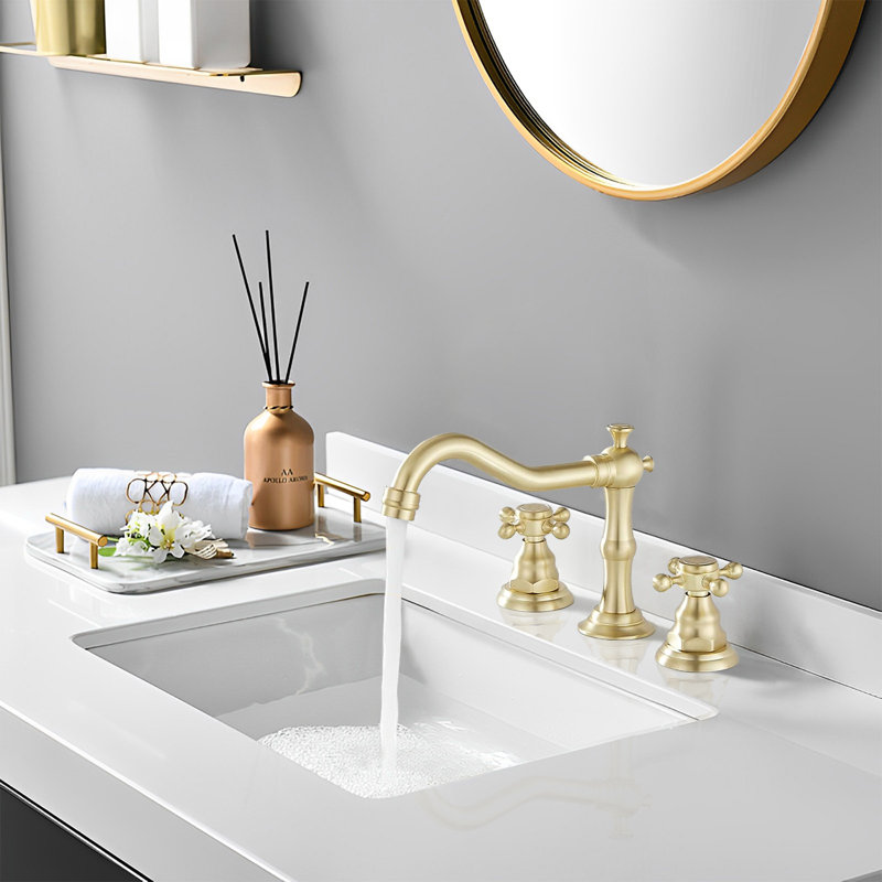 Robinet de lavabo de salle de bain à 2 poignées avec drain, Or brossé