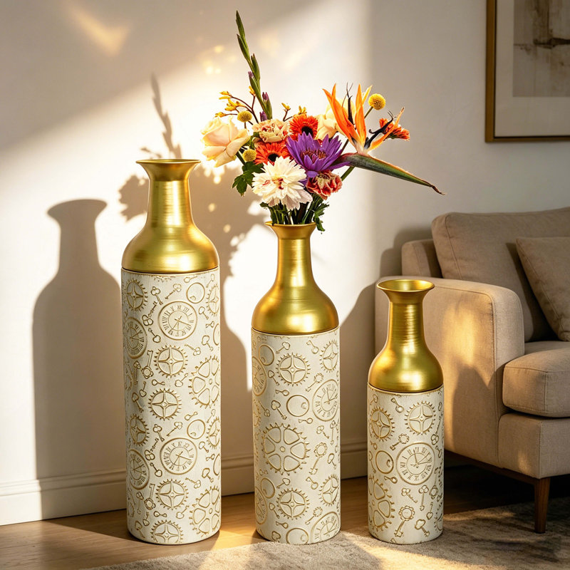 Ensemble de 3 vases décoratifs, vases de sol en métal à motif de feuilles, grands vases pour la décoration intérieure, salon