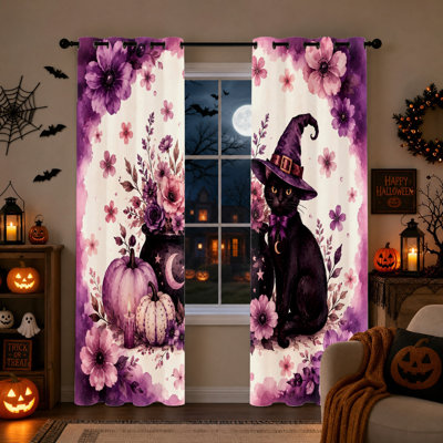 2Pcs Halloween Cat Witch Hat out Curtains, Floral Pumpkin Witchy Thermal Insulated Noise Reducing Window Drapes, Gothic Home Decor, Living Room, Bedroom, Nursery Decor