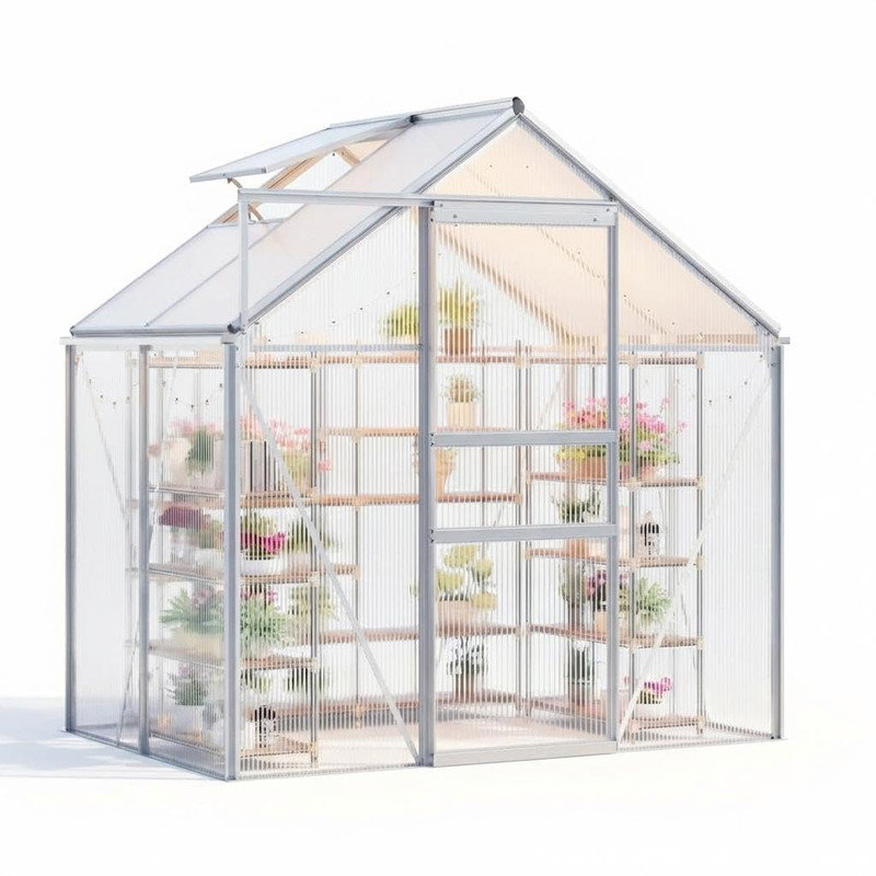 6x4 ft Walk-in Greenhouse with Polycarbonate Panels, Aluminum Frame, Sliding Door and Adjustable Vents, Ground Spikes Included