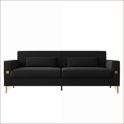 Sofas Couches, Modern 3-Seat Couch with Plush Cushions &amp; Gold Accents for Living Room Office | Black | Velvet