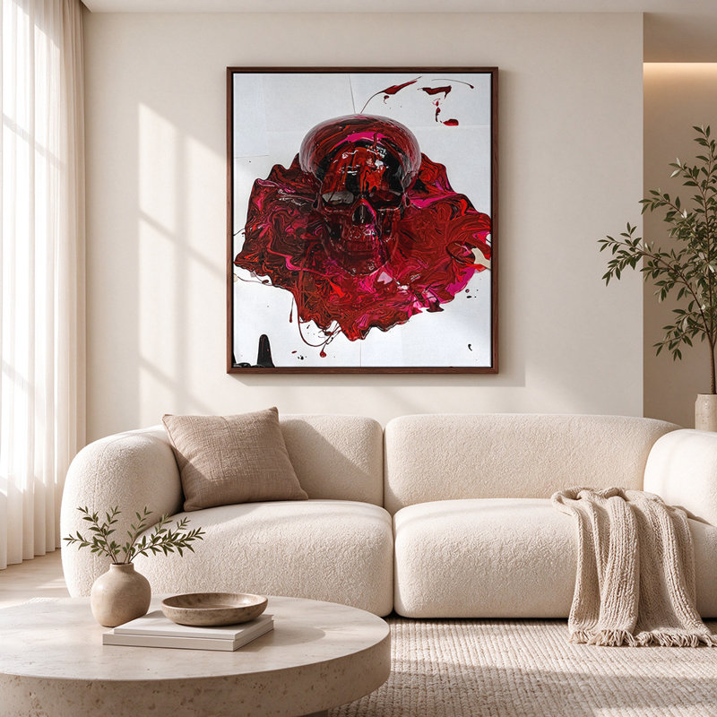 Toile murale abstraite sculpturale de crâne cramoisi, 14"H x 11"W, Cadre en bois naturel