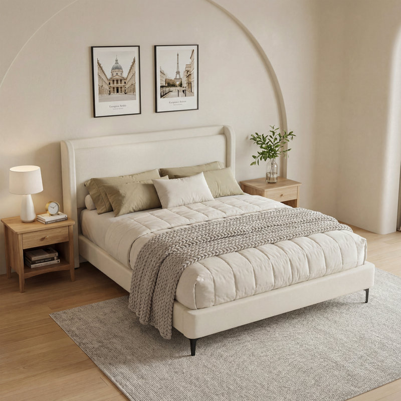 Corduroy Upholstered Bed, White, Queen