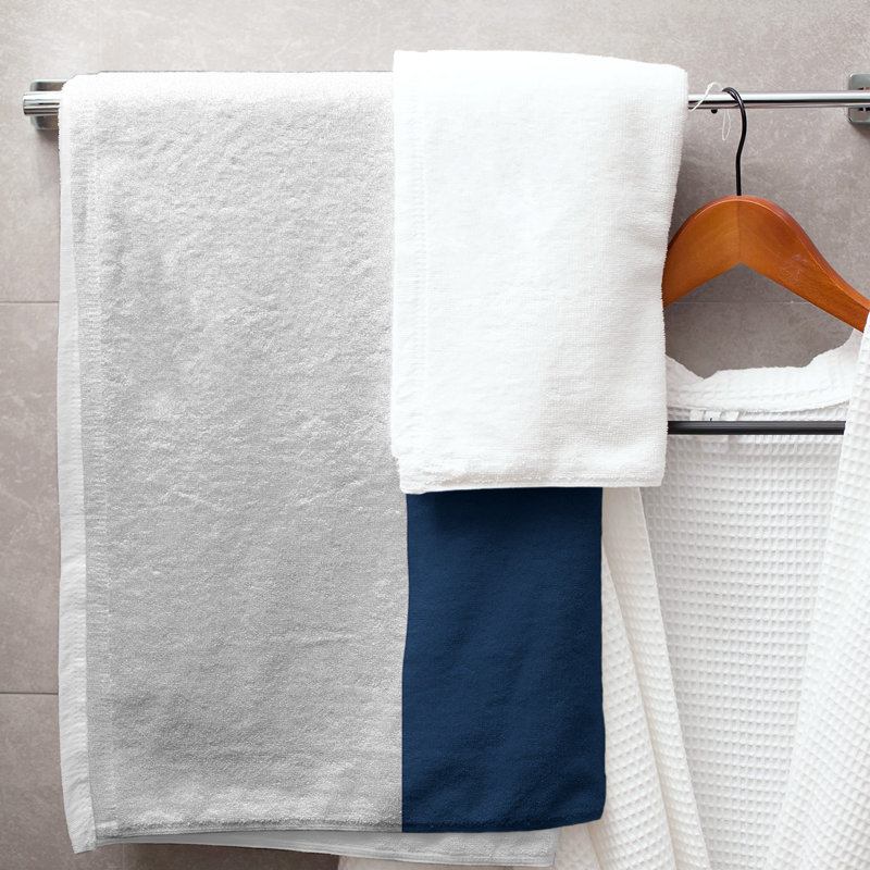 Bath Towel, Polyester/Cotton, White/Navy Blue/White