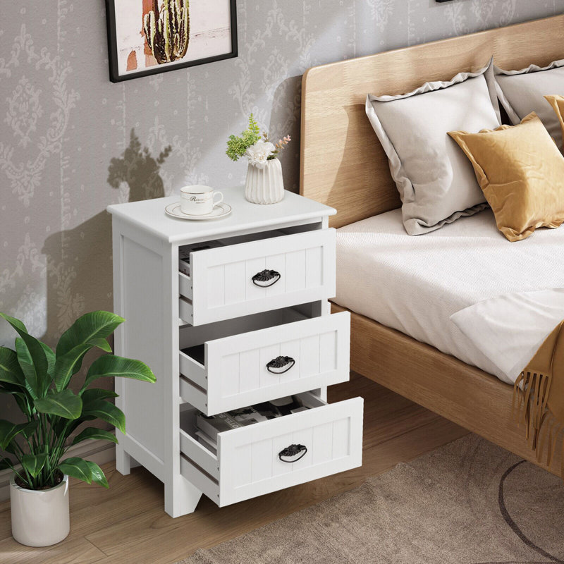 2 PCS 3 Drawers Nightstand End Table Bedroom Storage Wood Side Bedside, 2, White