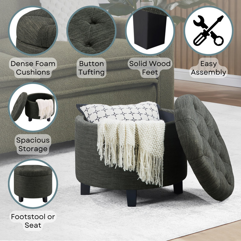 Avers Upholstered Ottoman, Dark Charcoal Gray Fabric