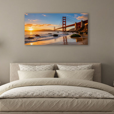 Canvas Wall Art Golden Gate Bridge sunset San Francisco California Wall Decor for Living Room Bathroom Bedroom Office 20"H x 40"W Art Paintings, Ready to Hang