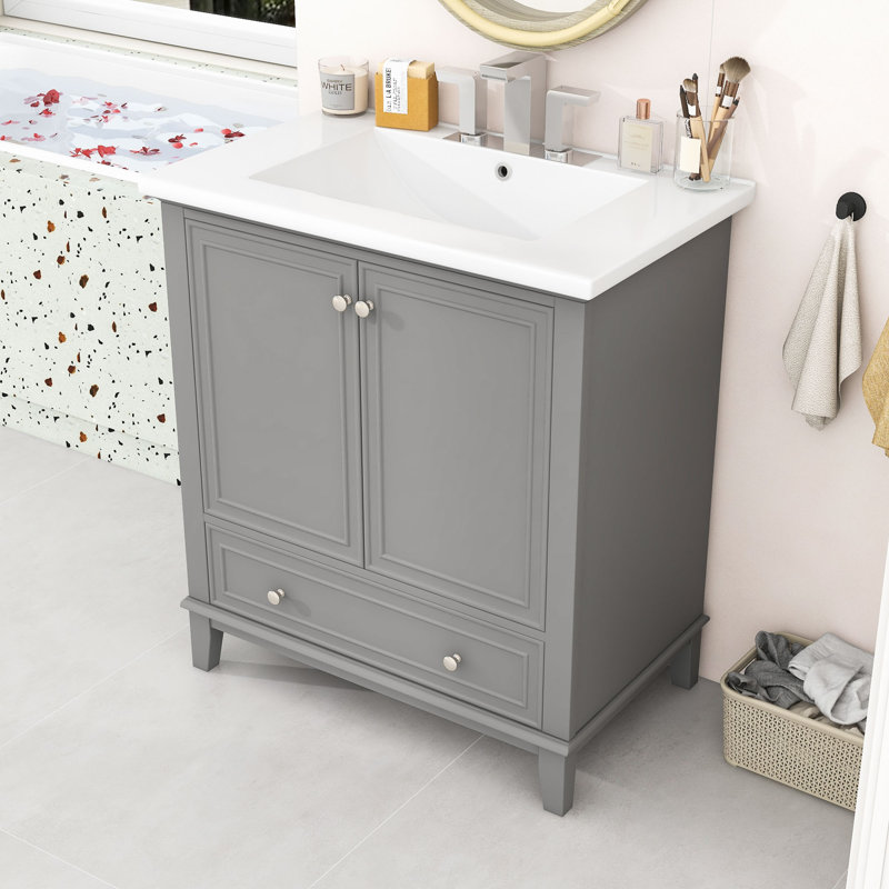 Meuble-lavabo simple autoportant en bois avec lavabo en céramique H tablette, Gris