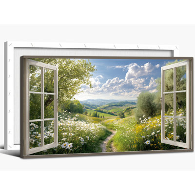  Art mural printanier sur toile, impressions de paysage de fenêtre ouverte avec fleurs sauvages, photos de paysages, décorations pour le salon et la chambre à coucher, 20 x 40 pouces
