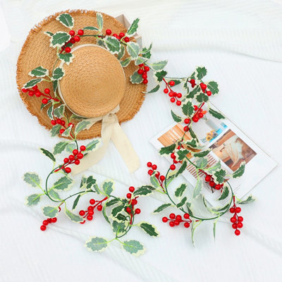 Xmas Green Garland 90inch Artificial Christmas Red Berry Vine Winter Holly Leaves Garland Outdoor for Indoor Outdoor Home Wedding Winter Party Door Frame Backdrop Decor