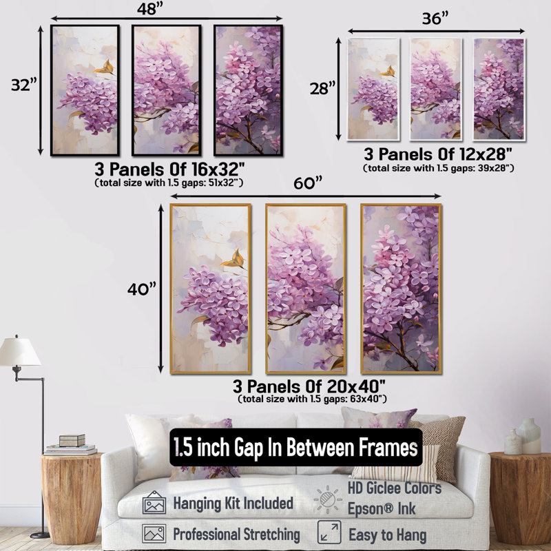 Pastel Lilac Dreams VI - Lilas, ensemble d'art mural sur toile, Cadre flottant blanc, H 32 po x l 48 po x P 1 po