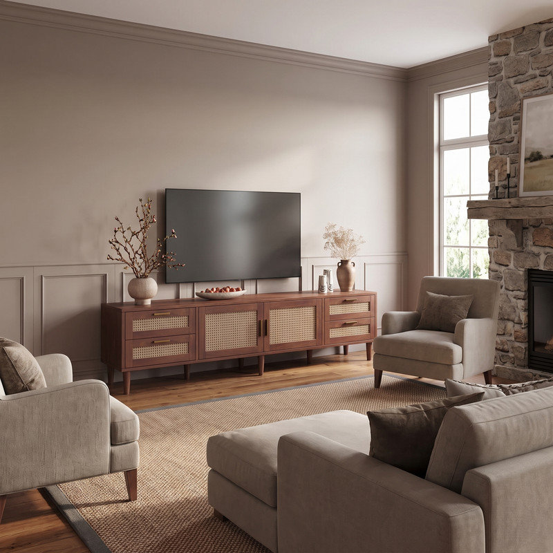 Meuble télé 78 po pour téléviseur de 85 po ou moins, console multimédia avec 4 tiroirs, pieds en bois massif, charnières à fermeture douce, pour salon, meuble audio-vidéo moderne