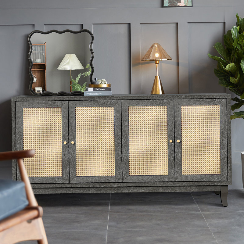 Buffet en rotin, armoire de rangement décorative avec 4 portes en rotin