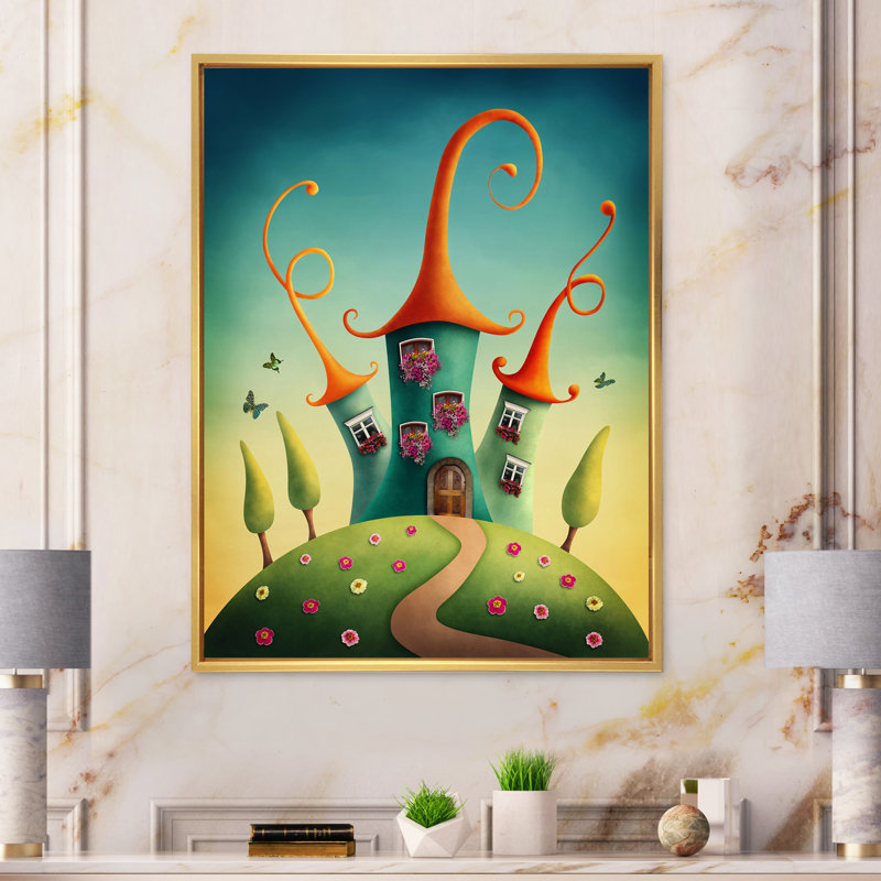 «Blue Fantasy Castles With Red Toits», reproduction sur toile, H 32 po x l 24 po x P 1 po, Cadre flottant doré