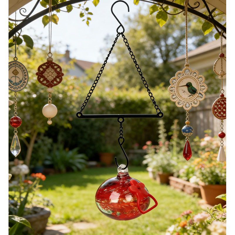 Mangeoire à colibri en verre soufflé à la main avec perchoir en métal, décoration de jardin artistique et cadeau fonctionnel d'observation des oiseaux