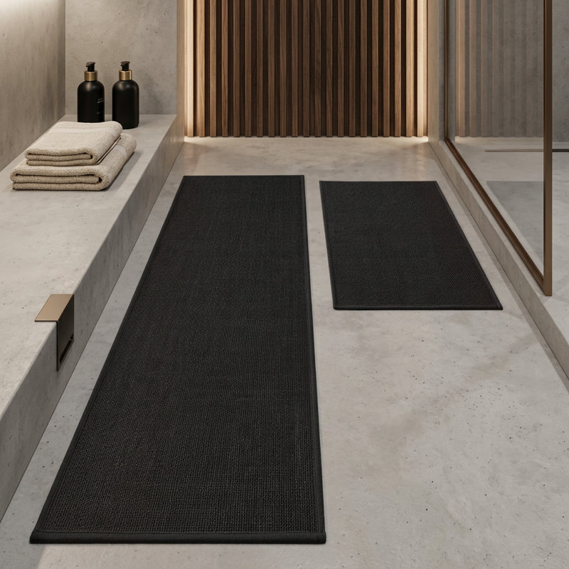 Ensemble de 2 tapis pour salle de bain à aspect lin texturé avec envers antidérapant, Noir