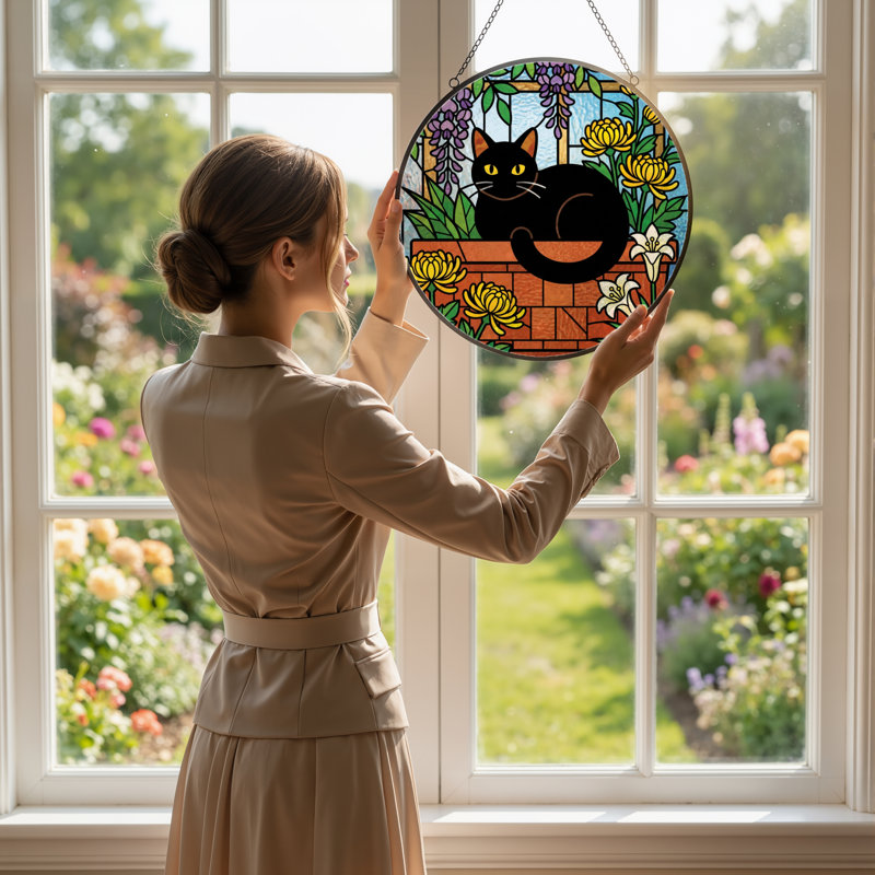 7.8"H Black Cat Stained Glass Window Panel, 7.8" H x 7.8" W