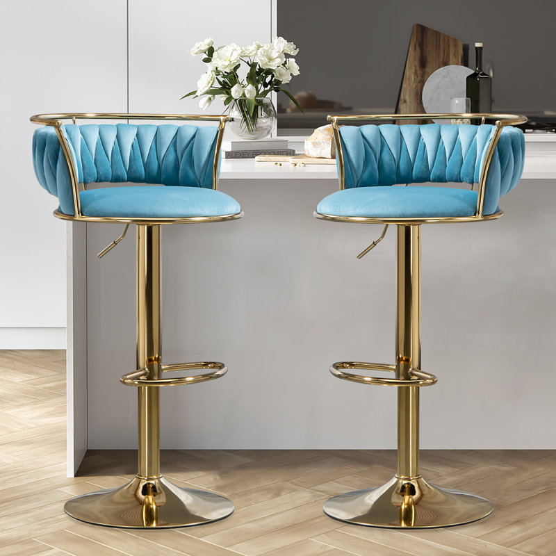 Swivel Yes Upholstered Velvet Yes Bar Stool with Steel Frame, Gold, Blue