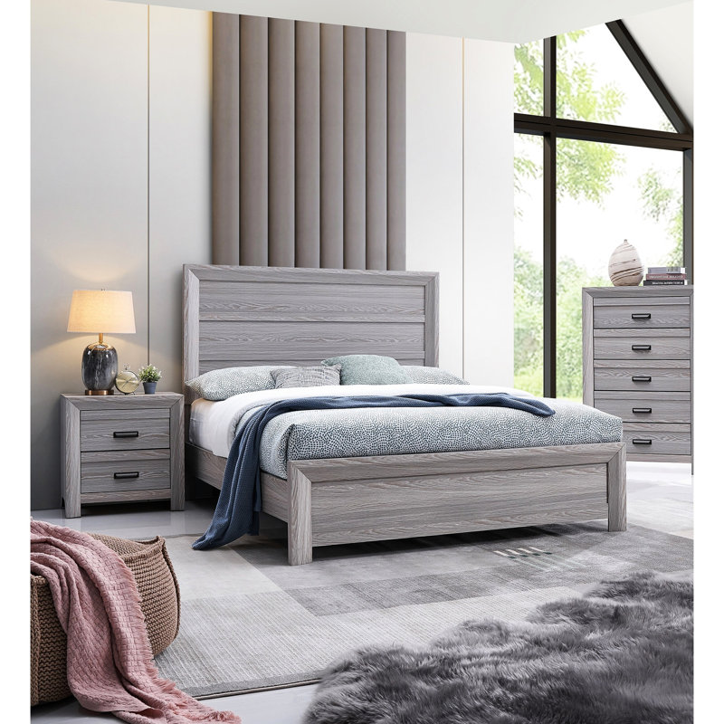 Mobilier de chambre à coucher contemporain: lit à panneaux simple en bois gris rustique avec cadre et style durables