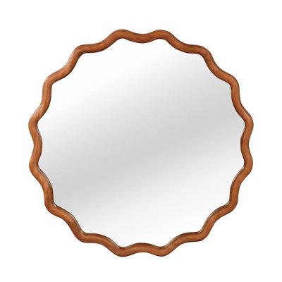 Natural Wood Color 36 Inch Wavy Round Solid Wood Frame Decorative Mirror,For Bedroom, Bathroom, Living Room, Entryway