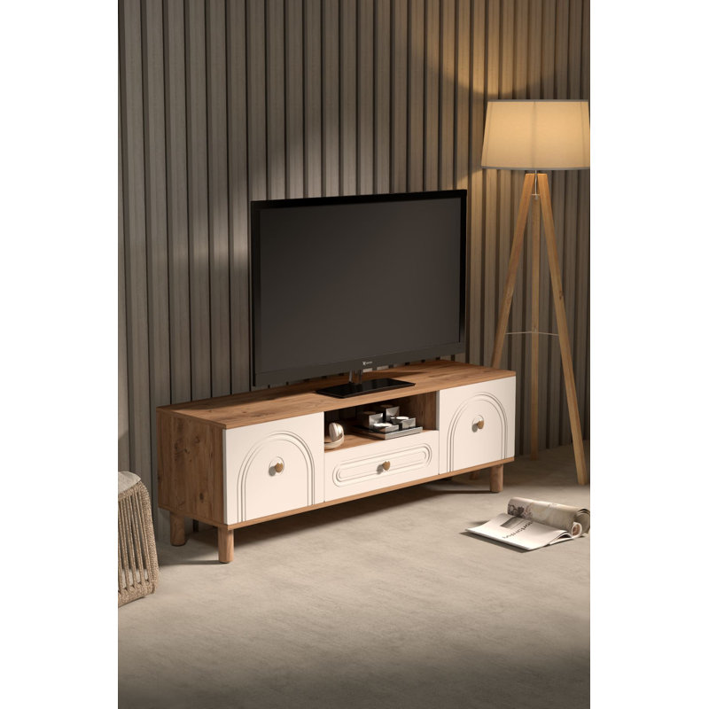 Scandinavian TV Stand with Wall-Mount Option, Atlantic Pine & White, 59.1 x 20.9 x 16.1 inches | 100% Melamine Coated Chipboard, 0.7 inches Thick | Modern Design with Multiple Shelves, Elegant & Functional