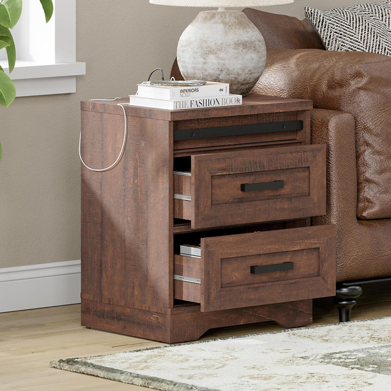 Glenford 24 inch Tall Nightstand set of 2 with Cabinet and Drawer, Brown