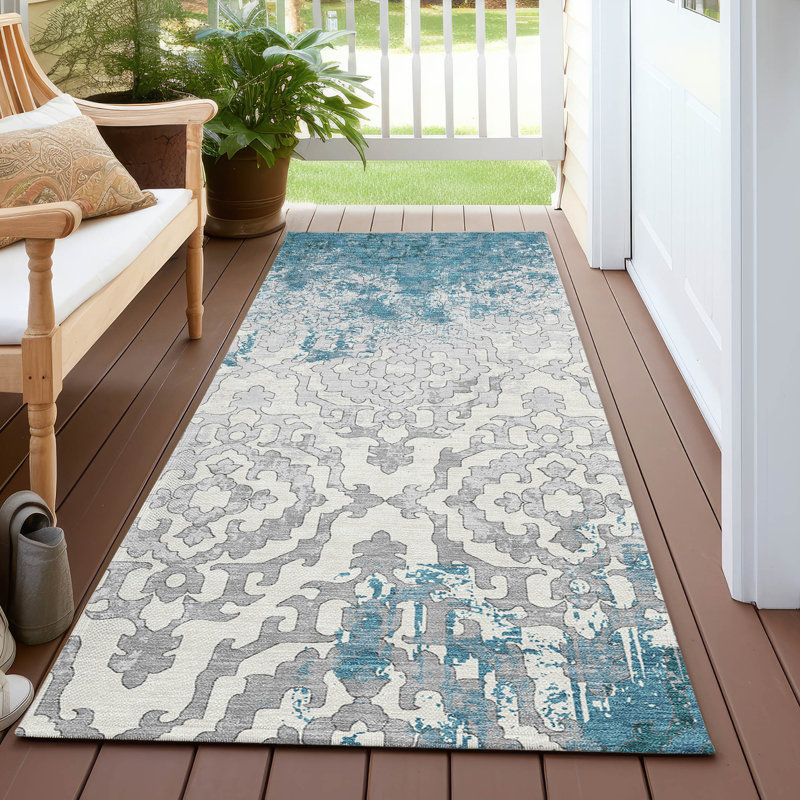 Tapis gris / bleu sarcelle tissé à la machine Lamanna, Tapis de couloir 2 pi 3 po x 7 pi 6 po