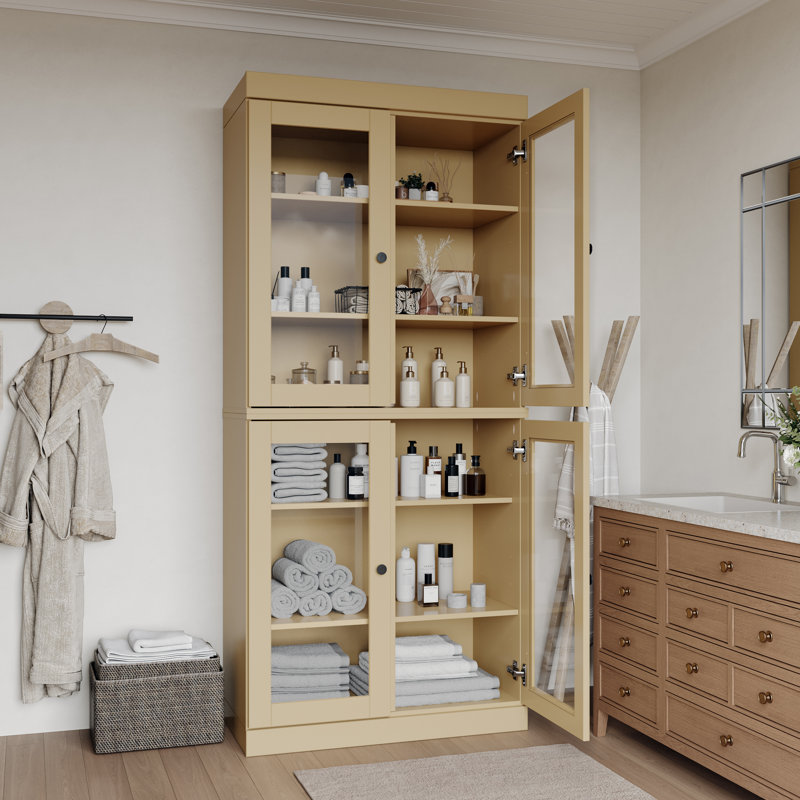 32" 100% Solid Wood Freestanding Bathroom Cabinet with Clear Glass Doors & Adjustable Shelves – Modern Bathroom Storage