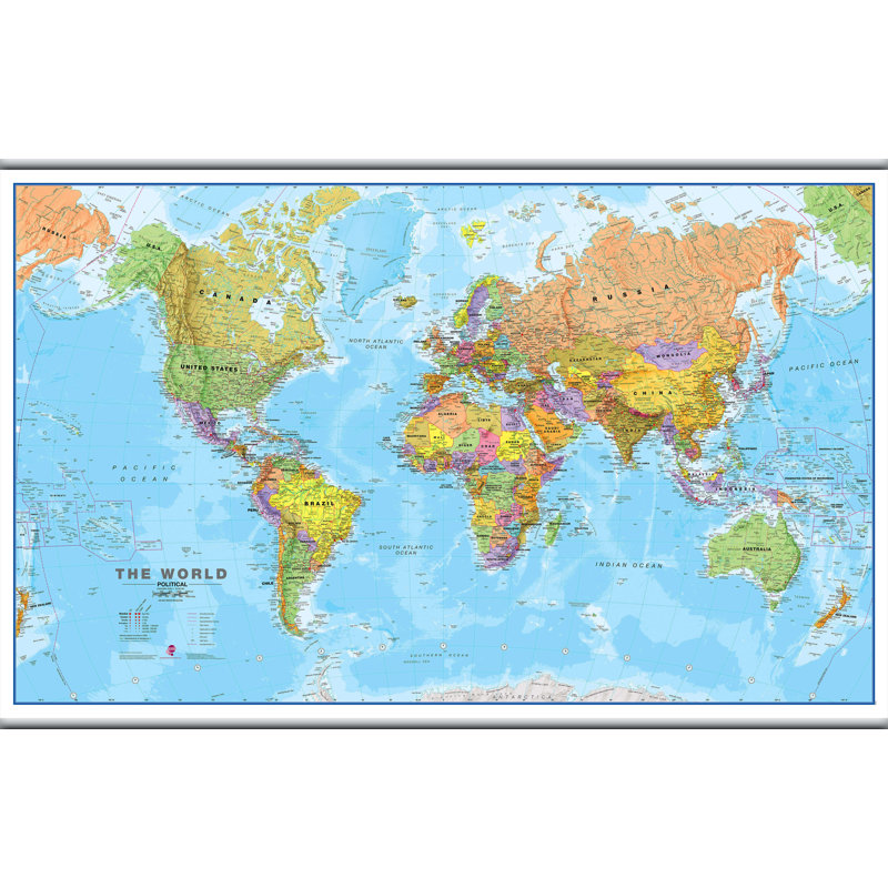 Medium World Wall Map Political - Single Picture Frame Print, Grey Framed, 90.1cm H x 118.9cm W x 0.5cm D