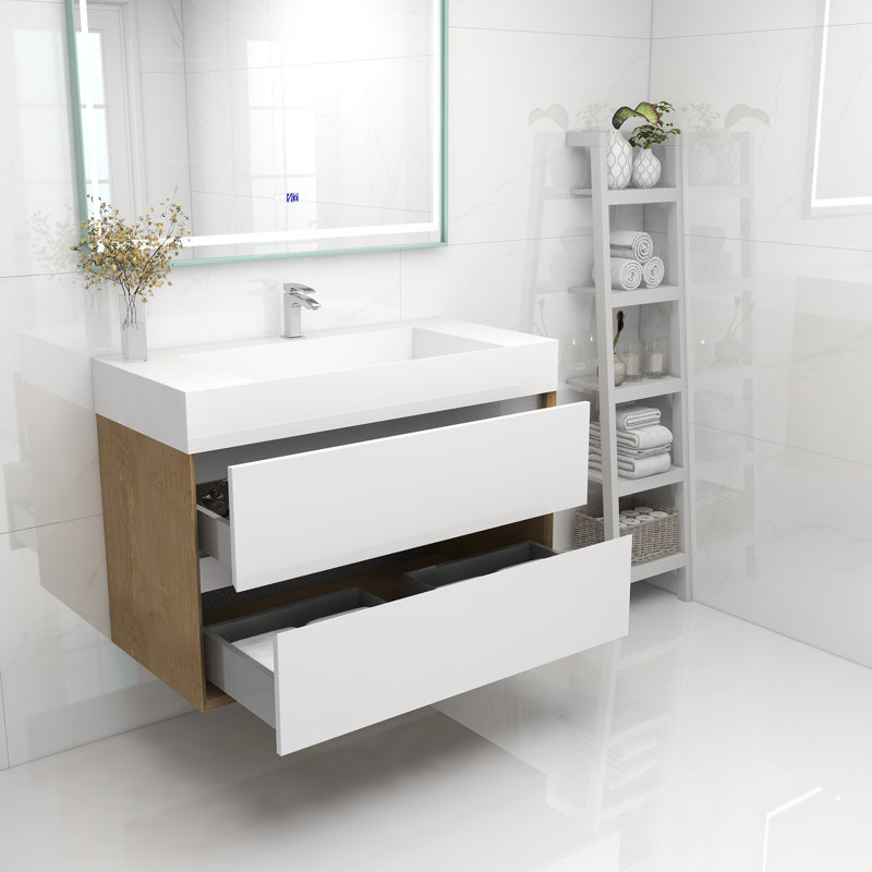 Meuble-lavabo mural 42 po avec lavabo en acrylique renforcé, Blanc brillant