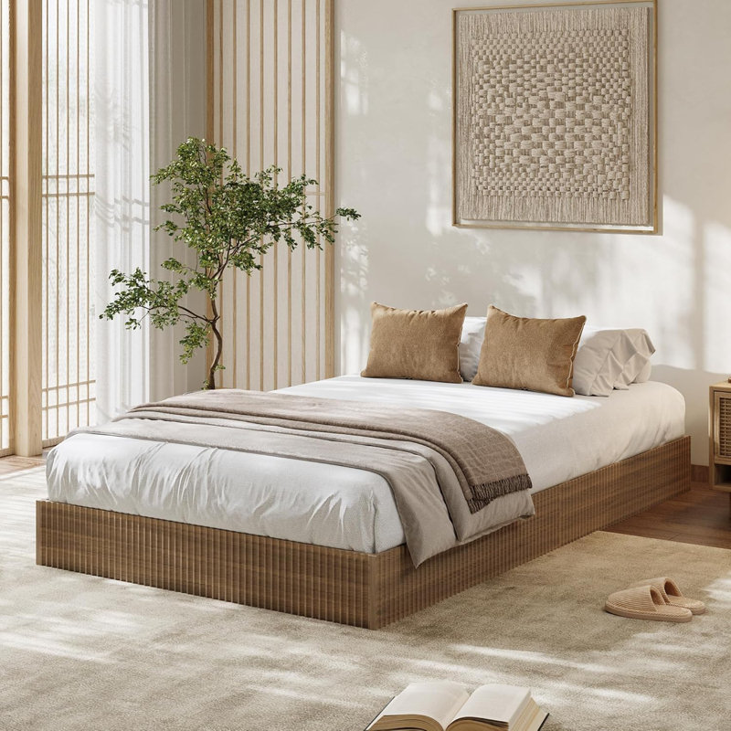 Wood Bed Frame, Wooden Platform Bed with Fluted Design, Twin Bed Frame with Study Support, No Box Spring Needed, Walnut