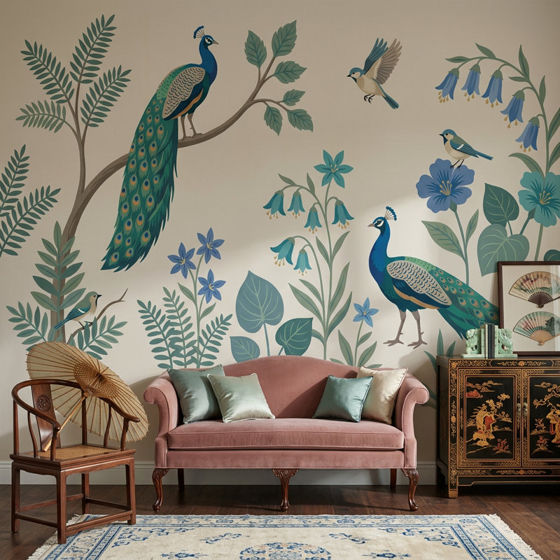 Papier peint paon, oiseaux botaniques, Non tissé, 160 po x 108 po