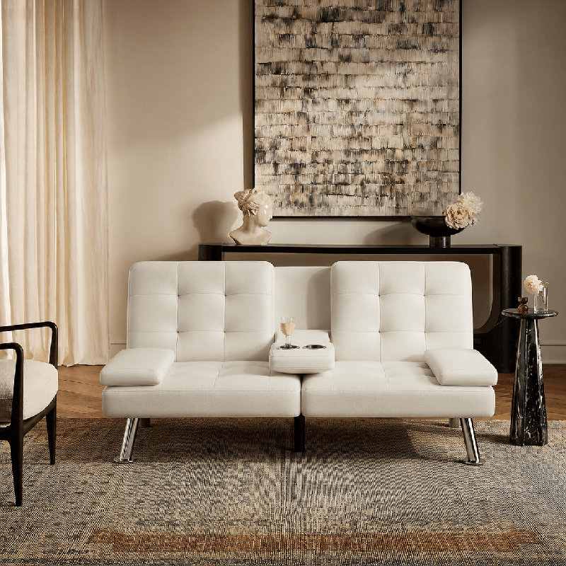 Abbigale 65.8'' Faux Leather Reclining Sofa Bed, White Faux Leather