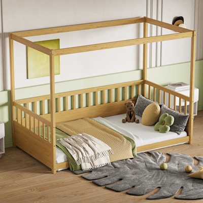 Cadre de lit à baldaquin en bois pour enfants avec garde-corps, lit à baldaquin Montessori pour filles, blanc