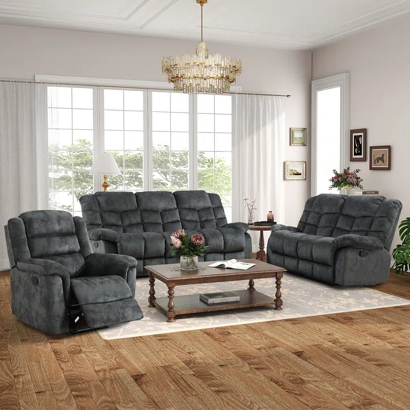 Ensemble de salon inclinable manuel en microfibre 3 pièces - fauteuil inclinable, causeuse et canapé, Brun