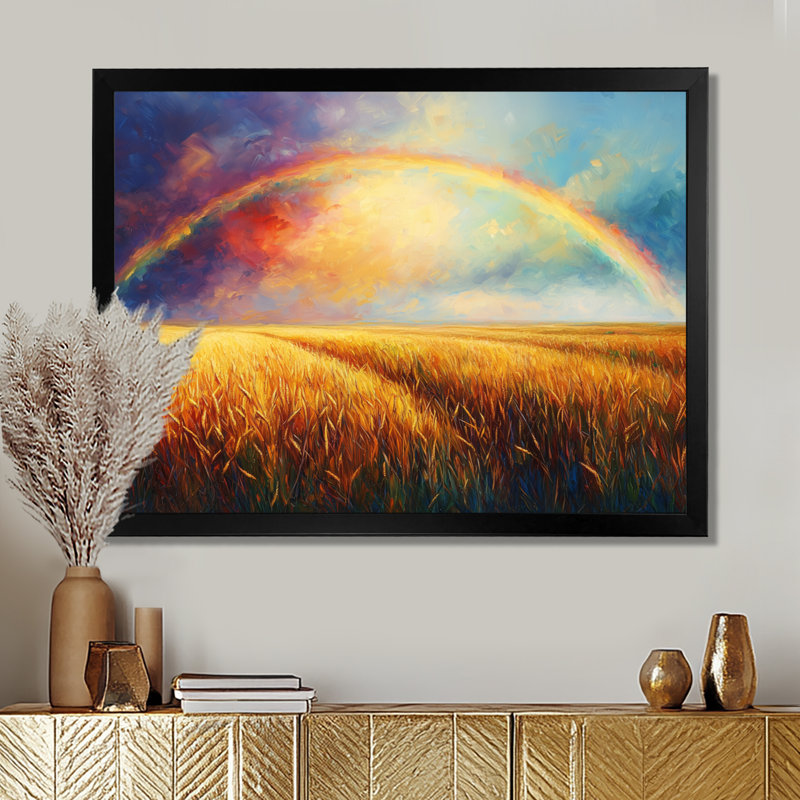 «Countryside Rainbow Over The Wheat Fields II», art mural arc-en-ciel pour le salon, H 34 po x l 44 po, Cadre photo blanc