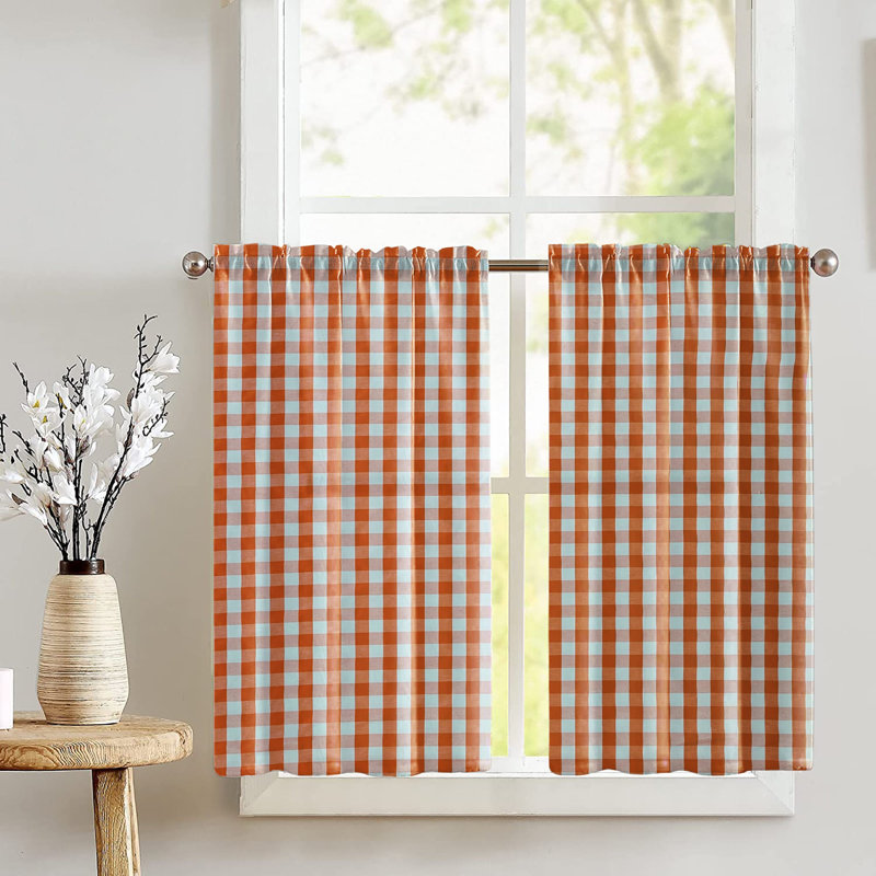 Orange Cotton Gingham Checkered Kitchen Tier Curtains, 36" Tall