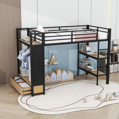 Loft Bed with Wardrobe, Storage Shelves and Pegboard