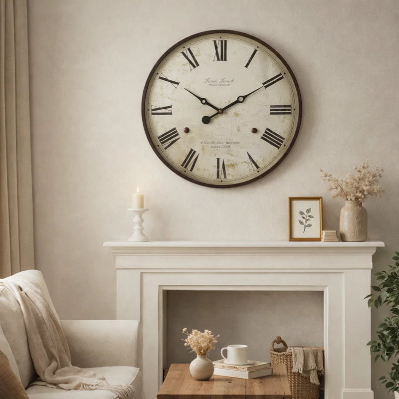 Wall Clock, 20 Inch Round Frame In Antique Brown, Roman Numerals