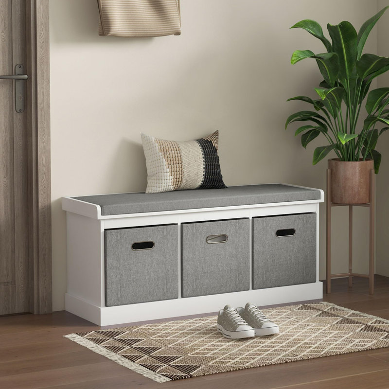 Polyester Upholstered Storage Bench, White