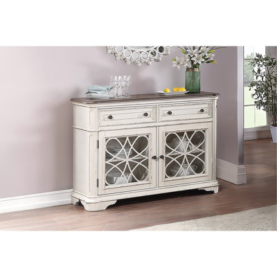 Armoire de service de style traditionnel, blanc antique, 2 tiroirs, rangement, portes en verre, poignée ronde, solution de rangement contemporaine pour salle à manger, finition blanche,