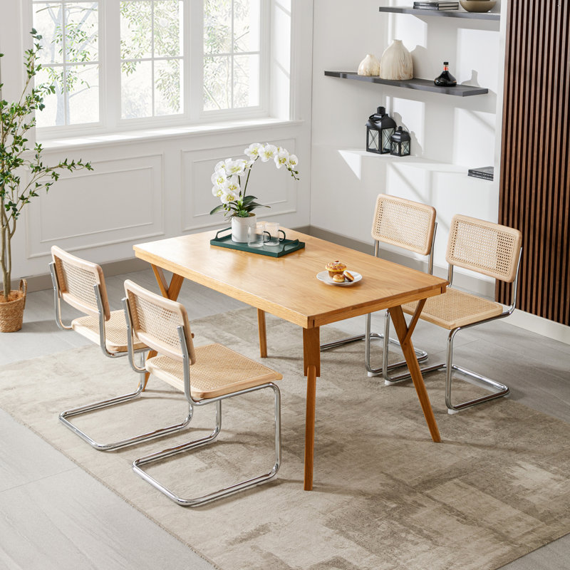 Crumley 18.1" H Mid-Century Modern Rattan Dining Chairs with Rattan Cane Backrest, Chrome