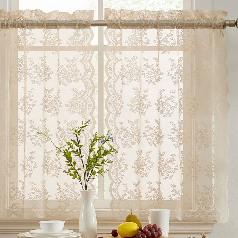 Stefani Floral Rod Pocket Lace Semi Sheer Voile Short Cafe Tiers for Small Windows - Set of 2, 36" L x 28" W, Taupe