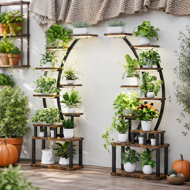 Bookself, Indoor Plant Stand with Grow Lights, 9 Tiered Metal Plant Shelf for Indoor