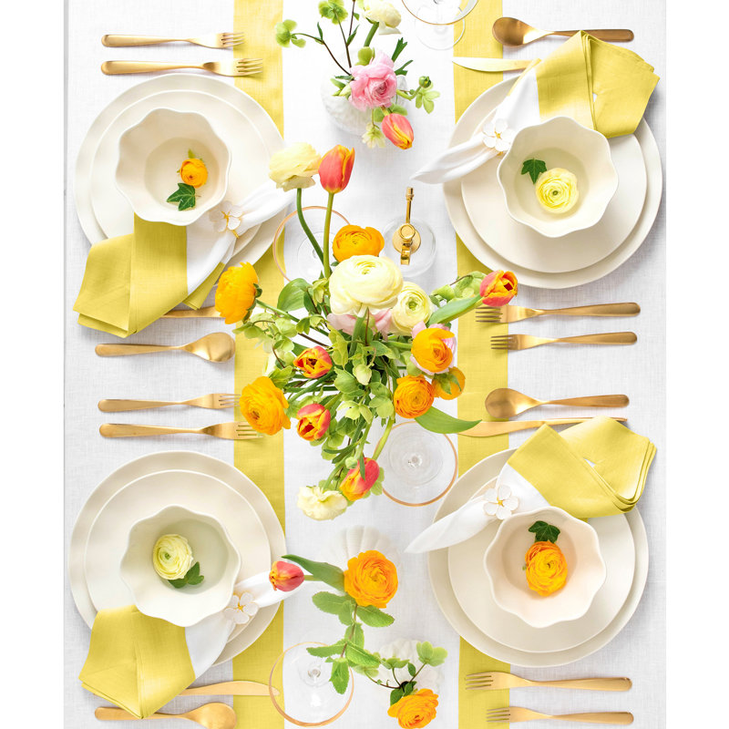 Contempo - 100% Pure Linen Dinner Napkins, Sunshine Yellow/White