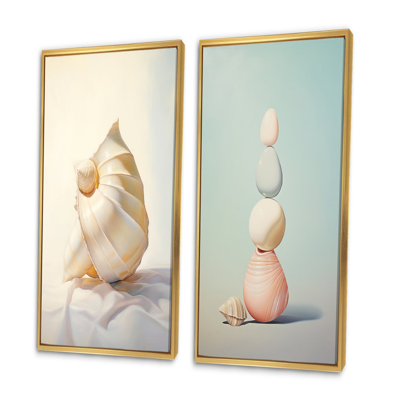 «Seashell Minimalist Gems», 2 pièces, Encadrement doré, H 32 po x l 32 po