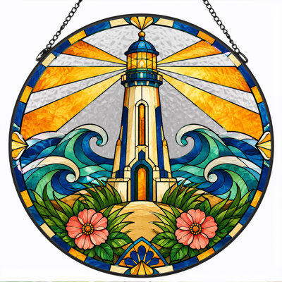 Lighthouse And Waves In Stained Glass With Pink Flowers Canvas Wall Art